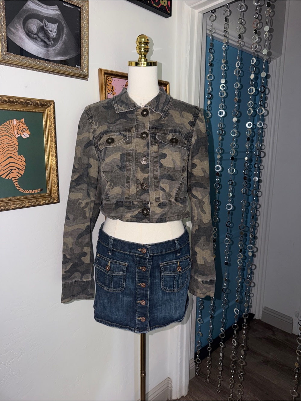 Vintage Y2K Cropped Camo Button-Front Jacket - Green Camouflage